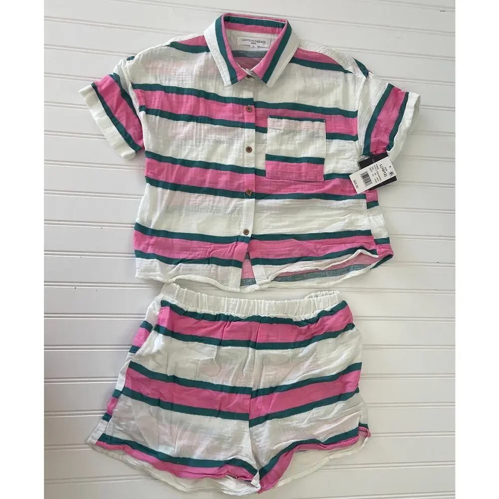NWT Grayson Threads Striped Cotton Lightweight Top Shorts Set‎ Girls Large 10/12